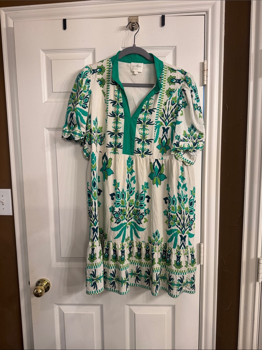 Umgee White Dress with Green & Teal Floral Embroidery
